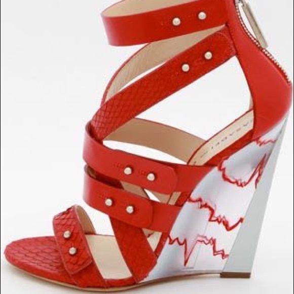 👠 Casadei Prabal Gurung Red Patent Cardiogram Wedges Platform Sandals Heels - Picture 13 of 15